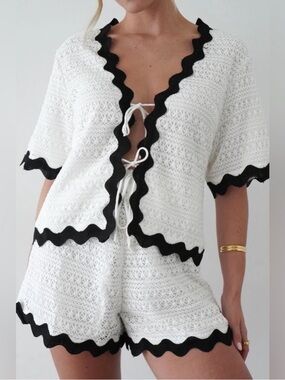 BREAKAWAY TIE FRONT SHIRT & DRAWSTRING SHORTS CROCHET WHITE SET